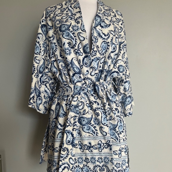 ZARA WOMAN BELTED PARSLEY PRINTED LINEN BLEND KIMONO JACKET BLUE WHITE XS-S‎ - Picture 2 of 10
